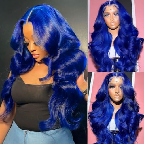 Blue 9x6 Body Wave Lace Front Wigs Human Hair Pre Plucked With Baby Hair 200% Density Dark Blue Human Hair Pre Cut For Women HD Transparent Lace Frontal Colored Wigs 20 Inch