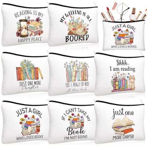 8 Pcs Book Club Gifts Book Lovers Makeup Bag Gifts for Women Cosmetic Bag with Zipper Pouch for Teen Adult Women Lovers Librarian Bookish Club Gifts(Book,Flower)