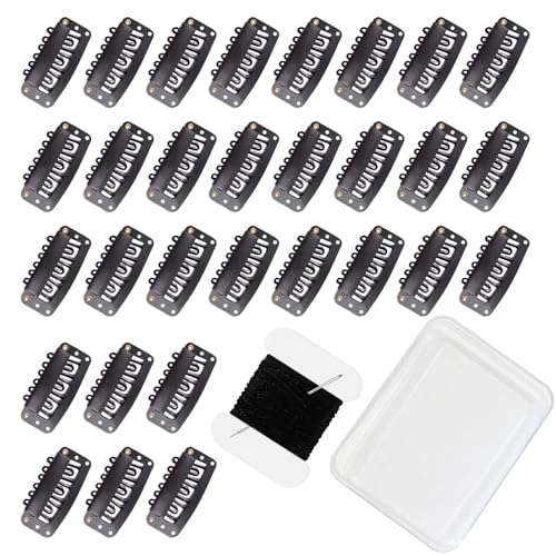 30 Pcs 32mm 6-Teeth U-Shape Wig Clips for Clip-in Hair Extensions, with DIY Needle and Thread Kit ? Snap Hair Clips for Hair Extensions Clip-ins (Black)
