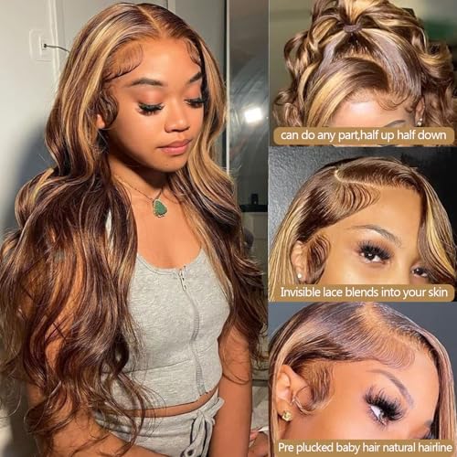 SIFULAN Highlight Ombre 13x4 Lace Front Wig Human Hair 180% Density 4/27 Highlight Wigs Human Hair 32 inch Glueless Wig Honey Blonde Body Wave HD Transparent Lace Front Wig Highlight Colored Wigs
