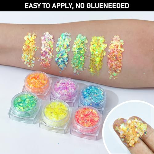 6 Colors Glow Body Glitter Gel, Glow in The Dark Hair Face Glitter Gel, Rave Accessories for Festivals Carnival UV Black Light Party