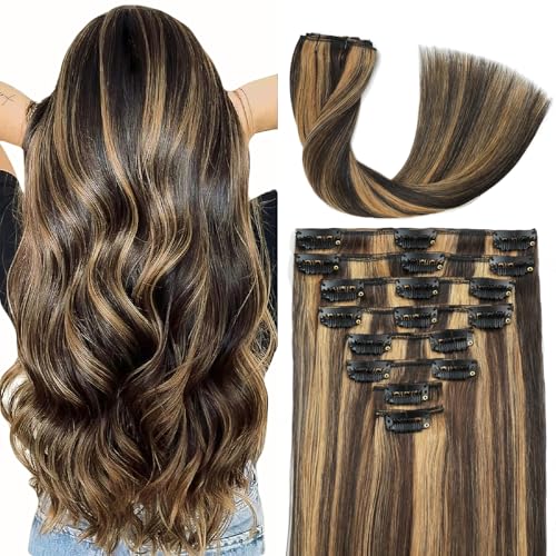 Clip in Hair Extensions Real Human Hair 16inch 8pcs 90g Seamless Balayage Dark Brown Hair Extensions Clip Ins Double Weft Dark Brown Highlight Chestnut Brown Invisible Straight Remy Human Hair