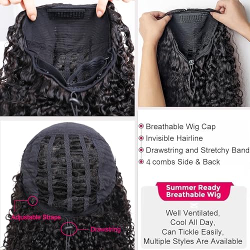 BLG Burmese Curly Human Hair Half Wig for Black Women 300% Density 3 In 1 Half Wig Human Hair 24 Inch Spiral Curly Wear and Go Drawstring Wigs Natural Color Quick Install Beginners Friendly Wigs