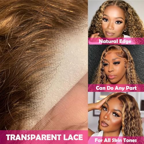Honey Blonde 13x4 Deep Wave Lace Front Wigs Human Hair Highlight Ombre Curly Human Hair Wig HD Transparent Frontal Wigs for Women 180 Density P4/27 Pre Plucked with Baby Hair 22 Inch