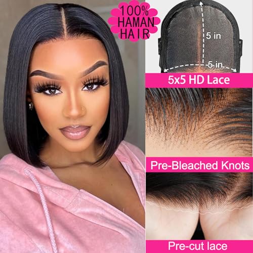 Wear and Go Glueless Bob Wig 5x5 Hd Lace Closure Wig Human Hair 14 Inch Short Straight Bob Wig 220% Density Glueless Straight Closure Wigs Pre Cut Free Part Wig for Women