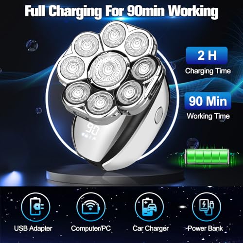 Electric Razor for Men, Upgrade 9D Head Shavers for Bald, 6-in-1 Electric Shaver for Men, Grooming Kit with Nose Hair Trimmer, Waterproof Wet/Dry Shaver, LED Display, Rechargeable Razor Silver