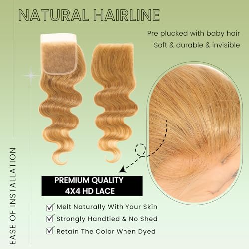 ALHER 12A Honey Blonde Body Wave Human Hair Bundles with Closure, Color #27 Sun-kissed Vibe Golden Blonde Body Wave HD Transparent 4x4 Closure with 3 Bundles Soft Thick Sew In Weave Wavy 14 16 18 +14
