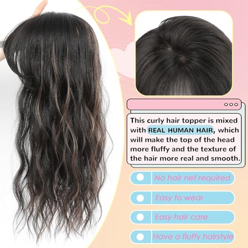 Hair Toppers for Women, 20 Inch Hand Tied Breathable Toppers Hairpieces for Women with Thinning Crown Middle Part Bangs Mix Human Hair Wavy Curly Lightweight Wiglets (Dark Brown Mixed Chestnut)