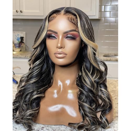 FB/27 28 Inch Highlight Balayage Wig Human Hair 13x4 HD Lace Front Wigs Body Wave Ash Blonde Omber Lace Front Wigs Human Hair Pre Plucked for Black Women 180% Density