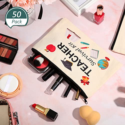 Dunzy 50 Pcs Teacher Survival Kit Makeup Bags Teacher Appreciation Gifts Bulk Cosmetic Bag Canvas Travel Toiletry Case with Zipper Pencil Pouch for Graduation Back to School