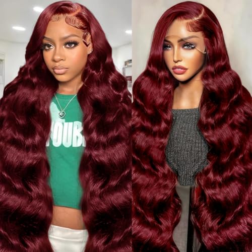 13x6 Burgundy Body Wave Lace Front Wigs Human Hair Pre Plucked 200% Density 99j Burgundy Wig Human Hair HD Lace Front Wig Glueless Red Wigs for Black Women Human Hair Bleached Knots 30 inch