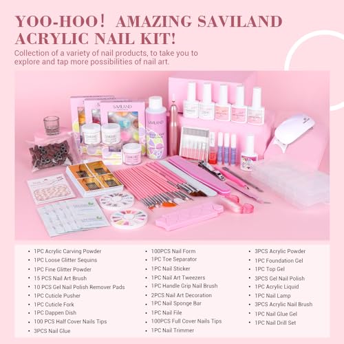 SAVILAND Essentials Acrylic Nail Kit with Drill: Professional Nails Kit Acrylic Set with Everything U V Light Gel Polish Nail Glue Tips Nail Art Supplies for DIY Home Salon