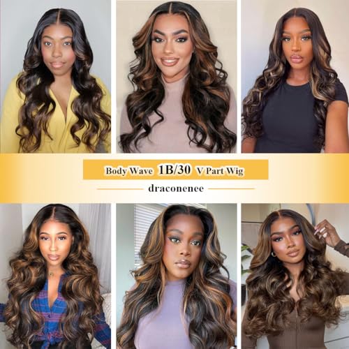 V Part Wig Human Hair Body Wave 1B/30 Highlight Ombre Wigs for Black Women Wear and Go Glueless Human Hair Wig Upgrade U Part Wigs No Sew in No Glue Beginner Friendly 180% Density 24 inch