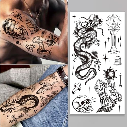 Tazimi 12 Sheets Large Black Old School Temporary Tattoos for Women Men& Adult, Traditional American Retro Styles Half Arm/DIY Free Combination Waterproof Classic Fake Tattoos Tattoo