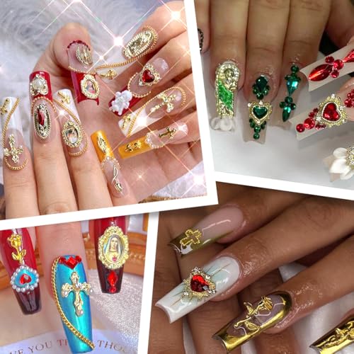 107pcs Virgin Mary Cross Gold Nail Charms Gems,San Judas Nail Charms 3D Alloy Heart Rose Angel Rhinestones for Acrylic Nail Art Religious Nail Stickers Manicure Decoration Supplies (Green, Red, Gold)