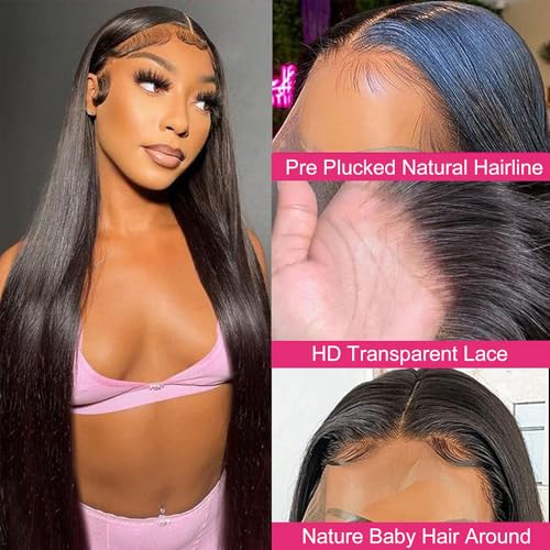 SIFULAN 13x4 Straight Lace Front Wigs Human Hair 28 Inch HD Transparent Lace Frontal Wigs Human Hair Pre Plucked 180% Density Glueless Human Wig for Women Natural Color