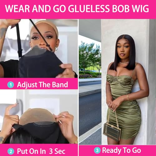 Wear and Go Glueless Bob Wig 5x5 Hd Lace Closure Wig Human Hair 14 Inch Short Straight Bob Wig 220% Density Glueless Straight Closure Wigs Pre Cut Free Part Wig for Women