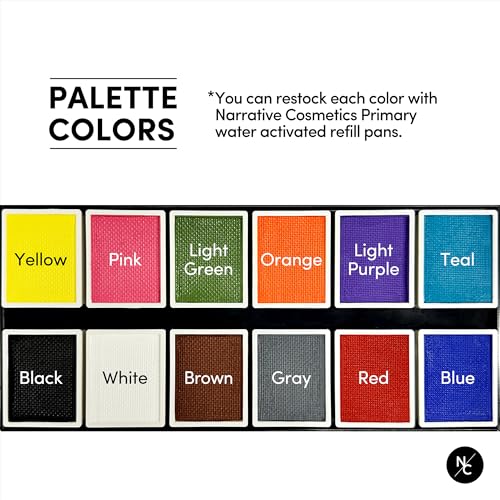 Narrative Cosmetics Primary Colors 12-Pan Palette - Vibrant Water-Activated Makeup for Face & Body Painting - Ideal for Cosplay, Theater & Artistic Makeup Creations