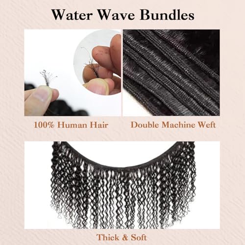 Water Wave Human Hair Bundles 16 18 20 Inch 12A Wet and Wavy Bundles Human Hair 100% Unprocessed Brazilian Virgin Hair Water Wave Curly Weave Extensions Natural Black