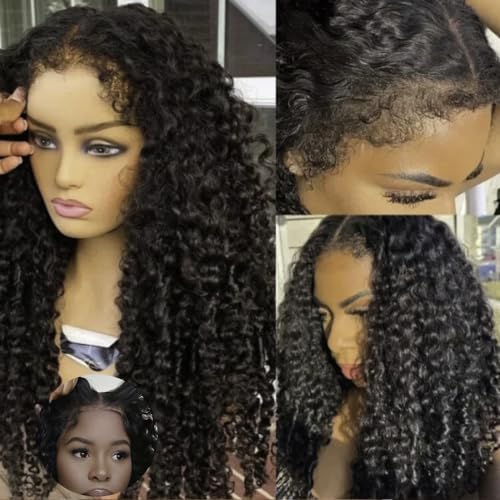KLAIYI Kinky Edges Curly Bye Bye Knots Glueless Wig 7x5 Pre Cut Lace Front Wigs Human Hair Pre Bleached Pre Plucked 30 Easy to Wear and Go 4C Deep Wave Ready to Wear Wig with Curly Baby Hair 20Inch