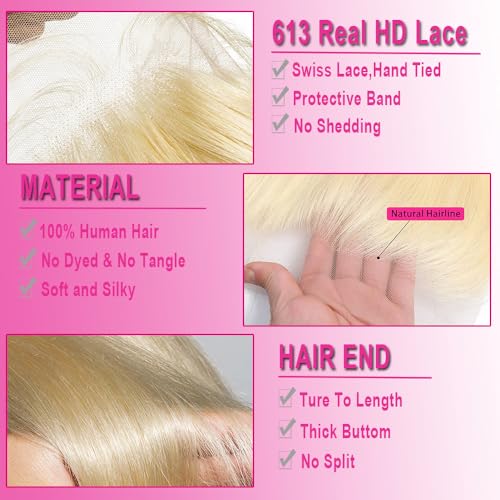 13x6 613 Blonde Frontal Straight Transparent HD Lace Frontal Closure 12A Brazilian Virgin Remy Hair Free Part Ear to Ear Blonde Human Hair For Women Pre Plucked With Baby Hair 150% Density 22 Inch