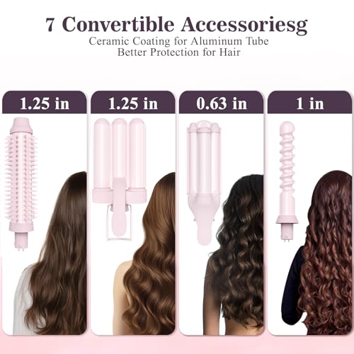 Curling Iron Set 7-in-1, Curling Wand Set with 7 Interchangeable Barrels Included A Heated Round Brush, 3 Hair Crimper, Ceramic Coating Protect Hair, with Gift Package (0.6"-1.25") Pink