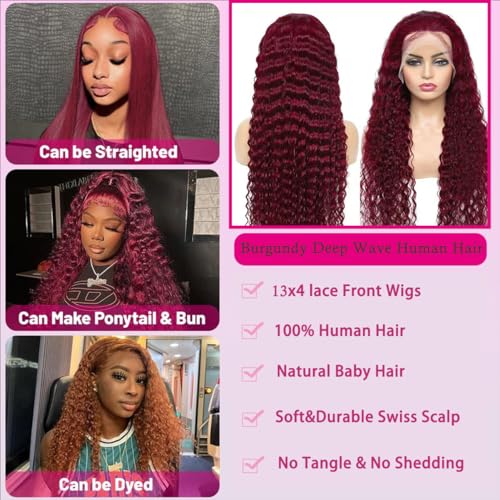13x4 Deep Wave Lace Front Wigs Human Hair 99j Burgundy Curly Lace Frontal Glueless Wigs Pre Plucked 180% Density Color Wigs for Women (20inch)