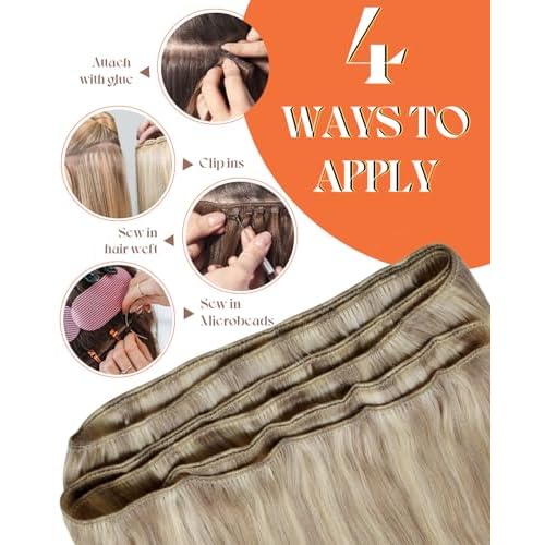 Sunny Hair Human Hair Weft Extensions Blonde Human Hair Extensions Sew in Bundle 20inch Hand Tied Weft Hair Extensions Human Hair Ash Blonde Highlight Bleach Long Hair Extensions Sew in 100g
