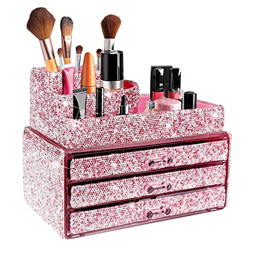KEYPOWER Makeup Organizers Drawer Bling Diamond,Countertop Jewelry Cosmetic Storage Display Boxes,Makeup Brush Holder,2 Pieces Set(Purely Handmade)(Pink)