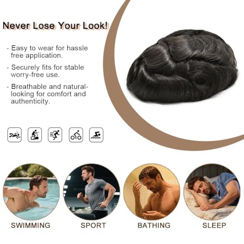 Toupee For Men Hair Pieces Full Poly Mens Toupee Human Hair Replacement Systems Thin Skin Hairpieces For Men Protesis Capilar Para Hombre#1B Off Black
