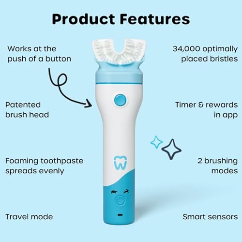 Willo BrushBot Kids U-Shaped Toothbrush Starter Kit ? Rechargeable, Smart Electric Toothbrush for Kids Ages 8-11 w/App, Soft Bristles, Plaque Removal, Gentle & Deep Clean Modes | Medium Bubble Twist