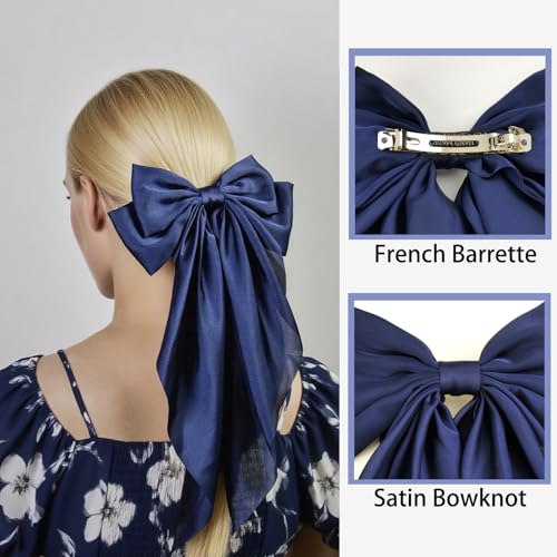 Large Navy Blue Satin Hair Bow Clip for Women Girls Oversized Long Tail Hair Accessory for Everyday Styling, 1-Pack