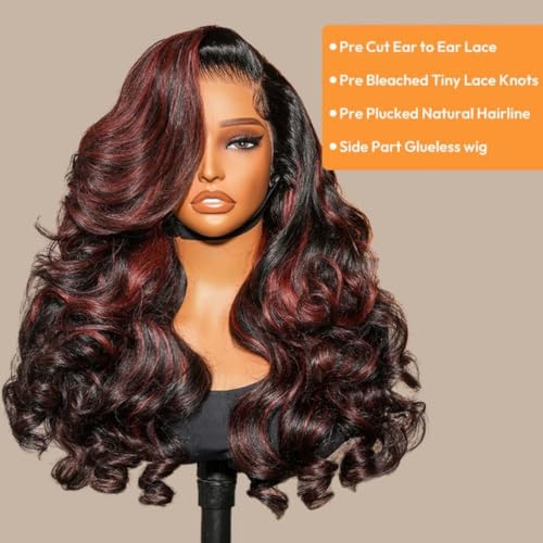Ali Pearl Body Wave Lace Front Wigs Layered Cut Curtain Bangs Side Part 13x4 Body Wave Human Hair Highlights 1B/99J Burgundy Pre Plucked Glueless Wigs with Baby Hair 18 Inch