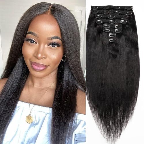 Yaki Straight Clip in 18inch Hair Extensions, 120G Full Head Real Human Hair Clip for Women Seamless Yaki Clip ins Hair Extensions for Thin Hair Natural Black 8Pcs Hair Pieces with Secure Clips