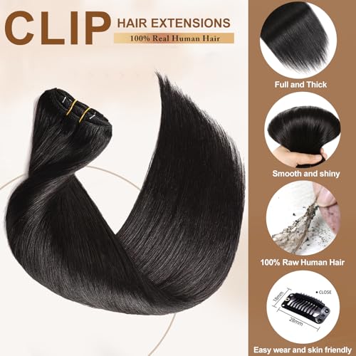 16A Premium Clip in Hair Extensions Real Human Hair, 20inch 120g 7pcs £¨Service life1.5~2 years£©Remy Seamless Invisible Double Weft Human Hair, #1 Natural Black Multiple Washes Keep Texture Soft