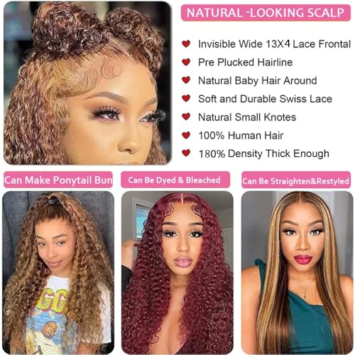 Chesma 30 Inch Highlight Ombre Lace Front Wig Human Hair 13x4 HD Honey Blonde 4/27 Deep Wave Lace Frontal Wig Glueless Wig 180 Density