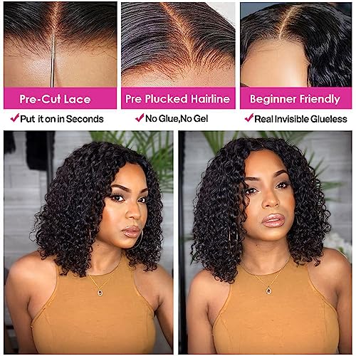GOLFMAX Wear and Go Glueless Wigs Human Hair Pre Plucked Pre Cut Short Bob Wig Human Hair Wigs With Elastic Band For Black Women Deep Wave Curly 4x4 Closure Wig Water Wave Wigs 12 Inch