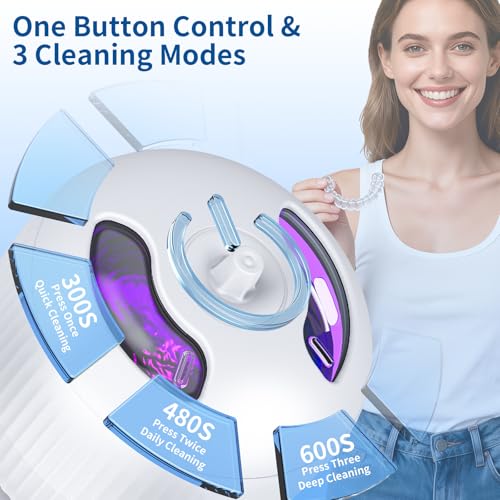 2025 Upgraded Ultrasonic Retainer Cleaner Machine,Separate Retainer Cleaner for Night Guards, Braces, Aligner, Jewelry, 4 Modes Denture Cleaner & Removable Base and Top Cover(White)