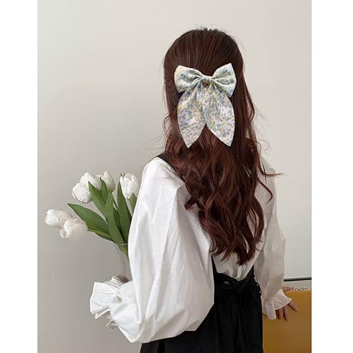 Chiffon Hair Bows for Women Girls,4 PCS Barrette Hair Clip Long Black Ribbon Bows French Style Hair Accessories for Summer (Pink,Yellow,Blue,Purple)
