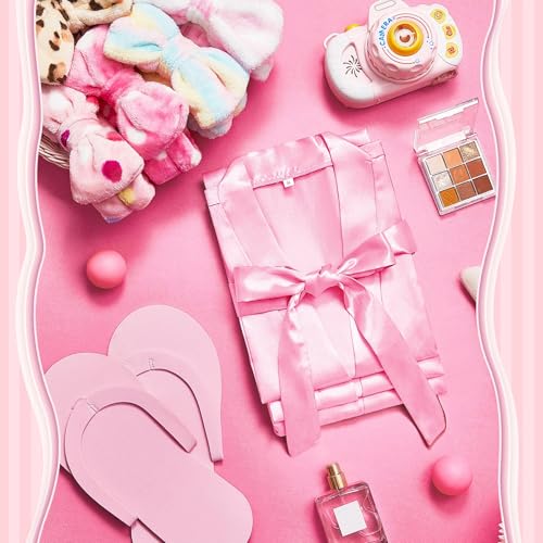 Jecery 18 Pcs Spa Party Supplies for Girls 6 Satin Kimono Robe 6 Spa Headband 6 Disposable Foam Pedicure Slippers