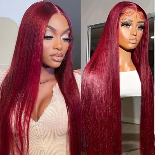 LICHANG 99J Straight Lace Front Wigs Human Hair Red Colored Wig Pre Plucked with Baby Hair for Black Women, 13x6 Burgundy Lace Frontal Wig Brazilian Virgin Human Hair Glueless 28 Inch