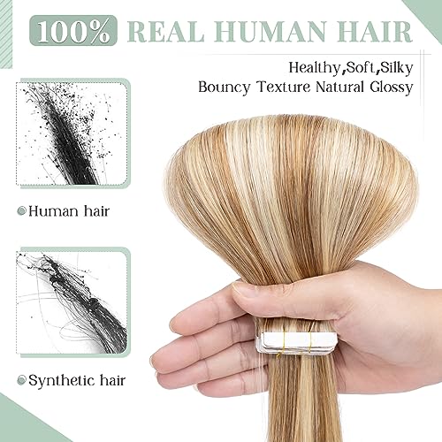 Rich Choices Tape in Hair Extensions Human Hair, 40pcs 100g 100% Remy Tape Hair Extensions Real Human Hair,Seamless Tape in Hair Extension 22 Inch #12P613 Golden Brown Highlighted Bleach Blonde