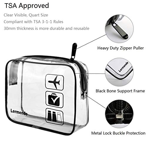 Lermende 2pcs Clear Toiletry Bag TSA Approved Travel Bag,Carry On for Travel,Airport Airline Accessories Compliant Bag,Quart Sized Makeup Cosmetic bag Women Men (Black, 2 Pack)
