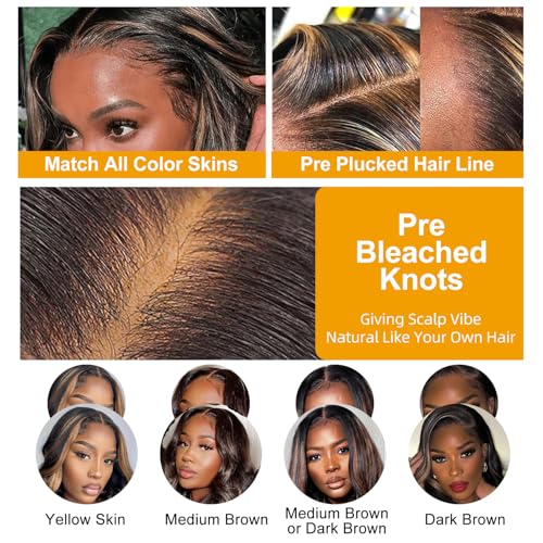 Ombre Body Wave Lace Front Wig Human Hair13x4 FB30 Highlight Lace Front Wig Human Hair 200% Density Balayage wig Human Hair Pre Plucked hd Transparent Lace Blonde Wig 24 INCH