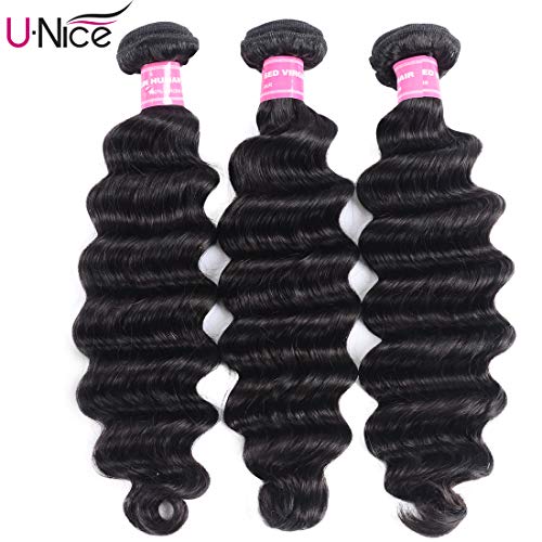 UNice Hair 10A Brazilian Loose Deep Wave Hair 3 Bundles, 100% Unprocessed Human Virgin Hair Weave Extensions Natural Color (16 18 20)
