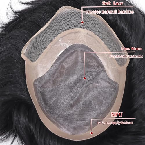 Toupee for Men Human Hair Wigs Mens Toupee Mono Base with Lace Front Hair Units Curly Wave Mens Wig Toupee Hair Real Human Replacement System for Man Freestyle Natural Wig #1B Off Black (7x9")
