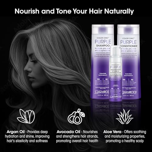 GIOVANNI Color Chic Purple Shampoo, Conditioner, & Styling & Toning Foam for Blonde, Gray, Silver & Bleached Hair, Reduces Brass Tones, Adds Shine, Vegan - 13.5 fl oz & 7 fl oz Mousse (Set of 3)