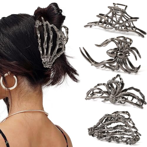 4 PCS Halloween Hair Claw Clips for Women Girls, Gothic Spider Black Metal Claw Clips, Non-Slip Hair Claws for Thick Thin Hair, Spider Web Skeleton Hand Skull Hair Clips, Spooky Hair Accessories Gifts