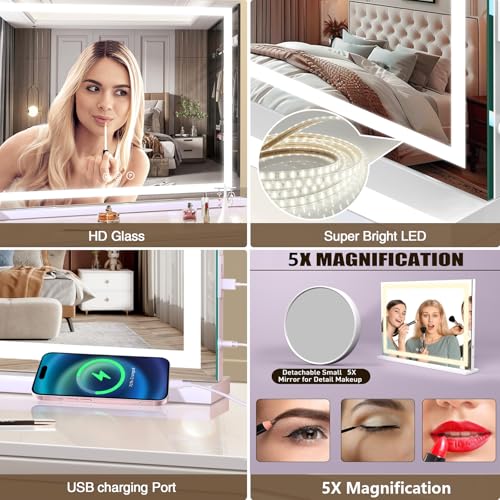 Vanity Mirror with Lights, 31.5" x 23.6" Large Makeup Mirror with LED Lights, Smart Touch Dimmable 3-Color Light, Memory Function, USB Charging Port