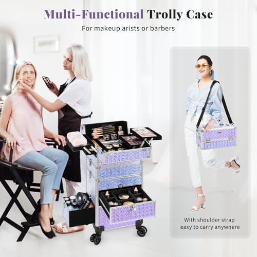 4 in 1 Rolling Makeup Case with Drawers, Multi-functional Cosmetic Trolley with Wheels and Keys, Large Storage Traveling Cart Trunk for Nail Technicians, Makeup Artist and Hairstylist, Silver